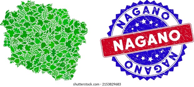 Ecology Kuyavian-Pomeranian Voivodeship map collage of floral leaves in green color hues and grunge bicolor Nagano stamp. Red and blue bicolored seal with grunge surface and Nagano slogan.