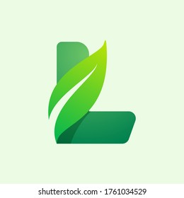 Ecology L letter logo with green leaf. Vector typeface for agriculture labels, vegan headlines, herbal posters, summer identity etc.