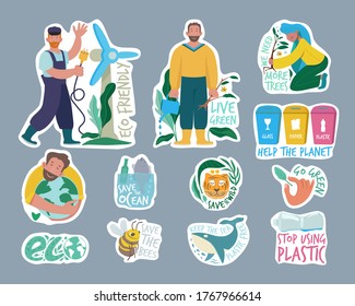 Umweltzeichen. Umweltfreundliches Konzept rettet unsere Umwelt veganische Menschen grünen Planeten Vektorgrafik-Set