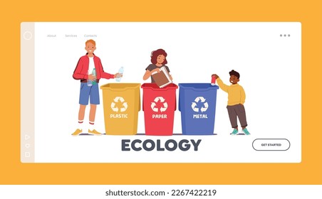 Ecology Landing Page Template. Children Taking Part In Recycling Process Sorting Waste into Litter Bins for Plastic, Paper or Metal Protecting Environment. Cartoon People Vector Illustration