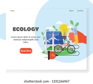 Ecology landing page template. Vector flat style design concept for green environmental website and mobile site development. Wind turbines, solar panels, bicycle, hand holding vial with green sprout.