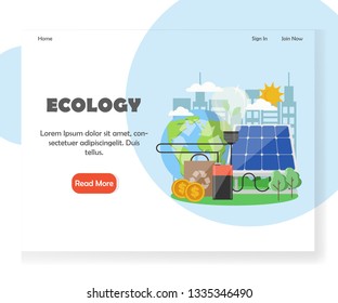 Ecology landing page template. Vector flat style design concept for green environmental website and mobile site development. Planet Earth with recycle symbol, light bulb connected to solar panel etc.