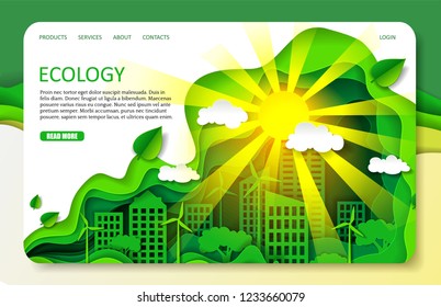 Ecology landing page website template. Vector paper cut eco friendly green city with buildings, wind turbines, trees and sun shining brightly. Environment conservation concept.