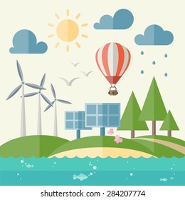 Ecology landscape with set of different elements sun energy battery, wind power supply, tree, clouds, rain, balloon, seagulls, butterfly, fish, river, bubbles. Vector illustration in flat design style
