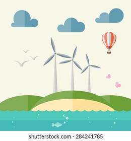 Ecology landscape with set of different elements sun energy battery, wind power supply, clouds, balloon, seagulls, butterfly, fish, river, bubbles. Vector illustration in flat design style