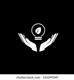 Ecology Leaf In Ball On Hands Flat Icon On Black Background