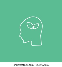 Ecology Leaf In Head Line Icon On Green Background