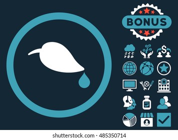 Ecology Leaf icon with bonus pictogram. Vector illustration style is flat iconic bicolor symbols, blue and white colors, dark blue background.