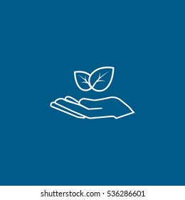 Ecology Leaf On Hand Line Icon On Blue Background