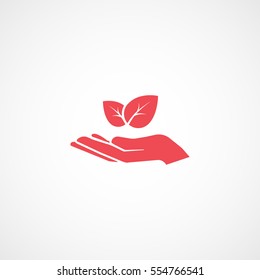 Ecology Leaf On Hand Red Flat Icon On White Background