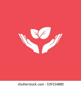Ecology Leaf On Hands Flat Icon On Red Background