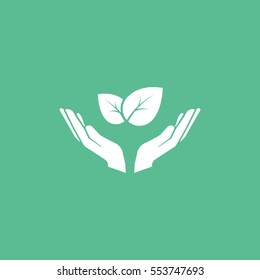 Ecology Leaf On Hands Flat Icon On Green Background