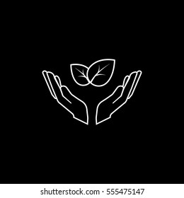 Ecology Leaf On Hands  Line Icon On Black Background