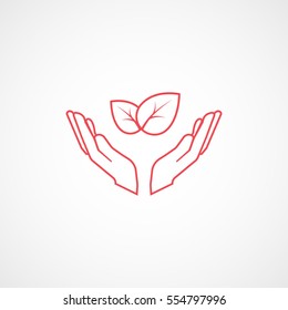 Ecology Leaf On Hands Red Line Icon On White Background
