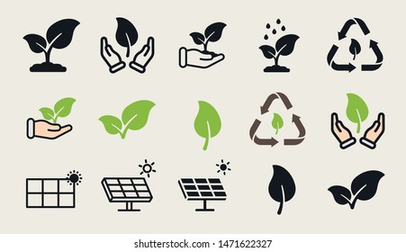 Ecology Leaf Plant Solar Battery Energy. Nature Care Recycling. Flat Vector Icon Set.