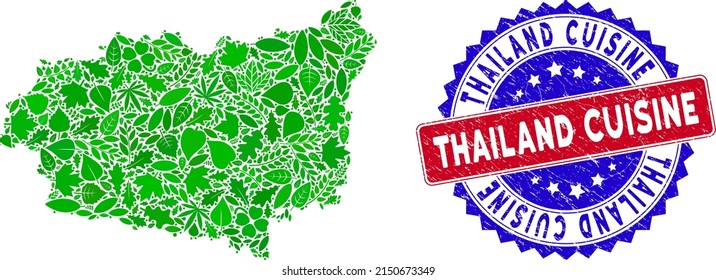 Ecology Leon Province map mosaic of herbal leaves in green color tints with grunge bicolor Thailand Cuisine seal stamp. Red and blue bicolored seal with scratched texture and Thailand Cuisine word.