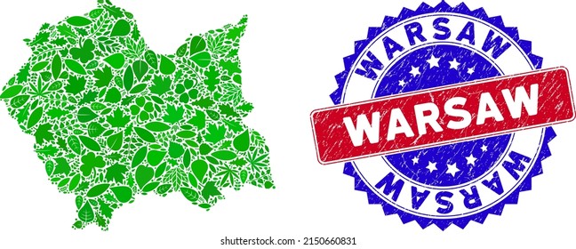 Ecology Lesser Poland Voivodeship map composition of herbal leaves in green color tints and grunge bicolor Warsaw seal. Red and blue bicolored seal with grunge surface and Warsaw slogan.