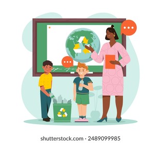 Ecology lesson in school. Teacher tells boy and girl about importance of caring for nature. Recycling and reuse, zero waste lifestyle. Responsibility lesson. Flat vector illustration