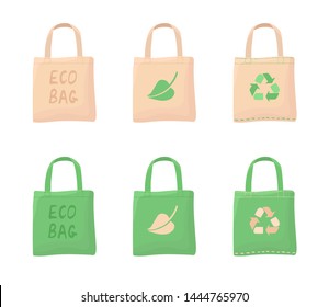 Ecology lettering concept in flat style. Cloth eco bags illustration isolated on white background. No plastic bag, use your own eco bag, package with hand written lettering and recycle sign. 