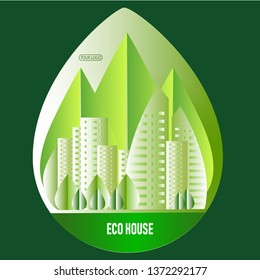 Ecology of life. Eco house logo in the form of a city built in nature on a background of green leaves.
