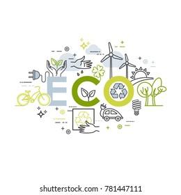Ecology lifestyle, green energy, recycle. Vector template in linear style for your design