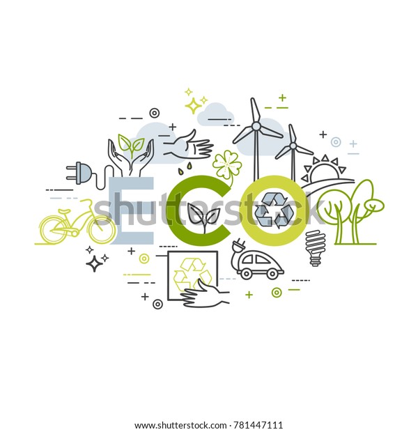 Ecology lifestyle, green energy, recycle.\
Vector template in linear style for your\
design