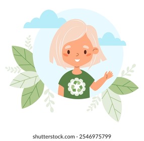 Ecology lifestyle. Happy girl blonde in fashionable clothes from recycled materials. Eco friendly clothing sustainable fashion. Recycle and environmental care. Vector illustration in flat style