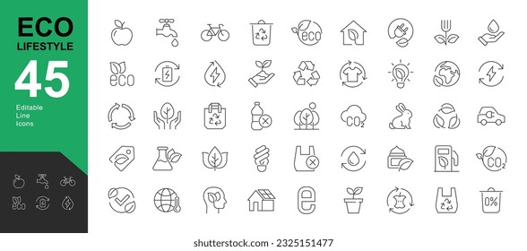 Ecology Lifestyle Line Editable Icons set. Vector illustration in modern thin line style of eco related icons: CO2 neutral, zero waste, use bike, green energy and global warming. isolated on white