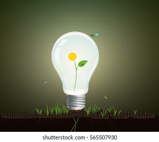 Ecology light bulb concept, realistic light bulb growing on soil with yellow flower inside, eco energy concept, vector