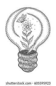 ecology light bulb hand drawn vector drawing flower and butterfly