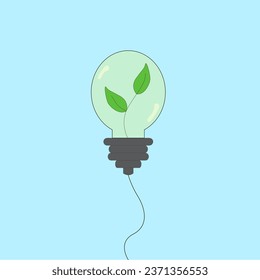Ecology light bulb with leaf inside isolated on blue background. Sustainable ecological energy icon. Eco-energy light vector illustration