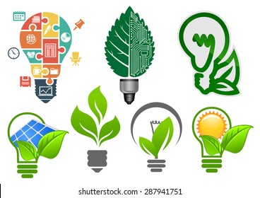 Ecology light bulbs symbols with abstract lamps, computer motherboard, green leaves, sun, solar panel and business icons puzzle, for environment or save energy concept design