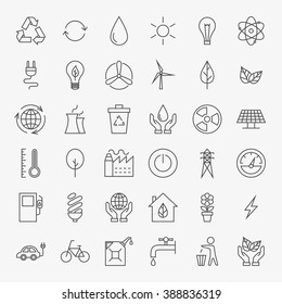 Ecology Line Art Design Icons Big Set. Vector Set of Modern Thin Outline Icons for Green Energy Eco Friendly Items.