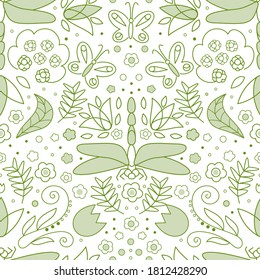 Ecology line art green seamless pattern with flowers, leaves, dragonfly, berries. Simple outline design elements isolated. Good for eco bags, textile. White background. Ornament set with herbals.