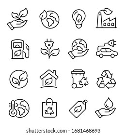 Ecology line art icon set, nature and environment. Protection, planet care, natural recycling power. Vector ecology line art illustration - Shutterstock ID 1681468693