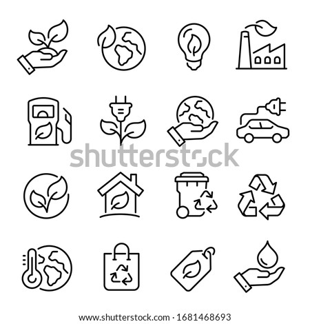 Ecology line art icon set, nature and environment. Protection, planet care, natural recycling power. Vector ecology line art illustration Foto stock © 