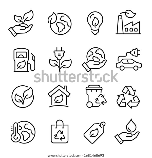 Ecology line art icon set, nature and\
environment. Protection, planet care, natural recycling power.\
Vector ecology line art\
illustration