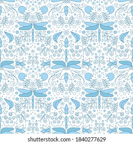 Ecology line art seamless design with flowers, leaves, dragonfly, berries, butterfly. Simple outline  blue print. Good for eco bags, apparel, paper. Ornament set with herbals and forest insects.