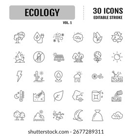 Conjunto de ícones editáveis da linha de ecologia. Traçado editável. Ilustração vetorial