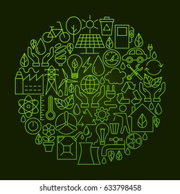 Ecology Line Icon Circle Concept. Vector Illustration of Green Power and Environment Objects.