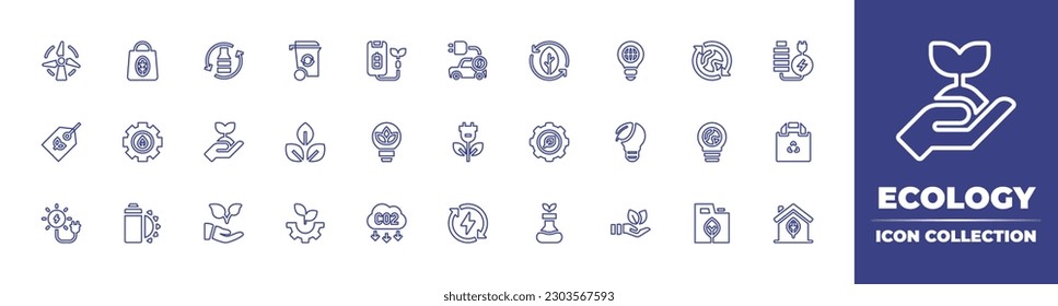 Ecology line icon collection. Editable stroke. Vector illustration. Containing wind turbine, eco bag, recycling glass, recycling bin, eco, electric car, environment, idea, earth, battery, eco tag.