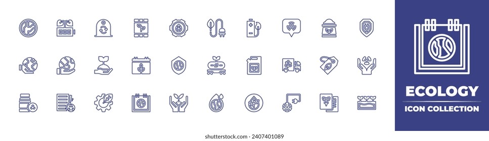 Ecology line icon collection. Editable stroke. Vector illustration. Containing battery, sustainability, recycle bin, recycle, plant, green energy, jerrycan, ozone layer, environment, recycling.