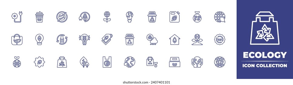 Ecology line icon collection. Editable stroke. Vector illustration. Containing renewable energy, innovation, leaf, packaging, eco energy, fuel, house, factory, bio energy, ecology.