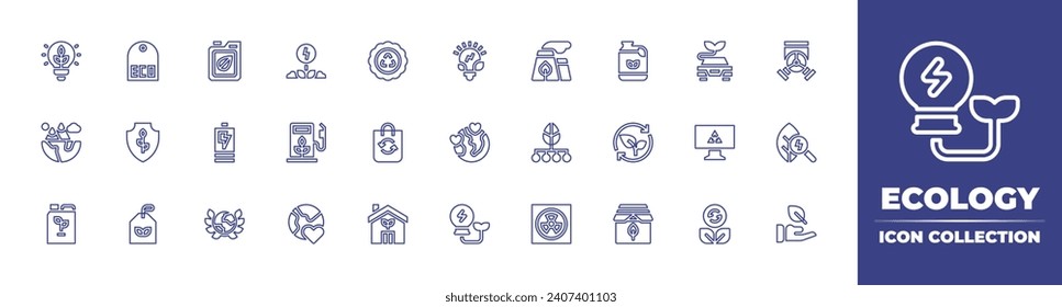 Sammlung von Symbolen für ökologische Linie. Bearbeitbarer Strich. Vektorgrafik. Mit Energie, Biokraftstoff, Liebe, Haus, Tag, freundlich, Öko-Beutel, Licht, Ökologie, Kraftstoff, Öko, Ökologie.