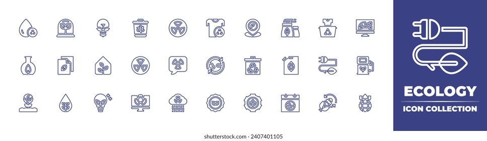 Ecology line icon collection. Editable stroke. Vector illustration. Containing bioenergy, greenhouse, green innovation, recycling, plant, flask, paper recycle, planet earth, water drop, pin.