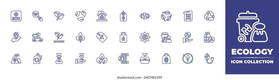 Ecology line icon collection. Editable stroke. Vector illustration. Containing ecology, friendly, growth, biodegradable, garbage, eco bag, factory, house, tag, eco car, ecology. 