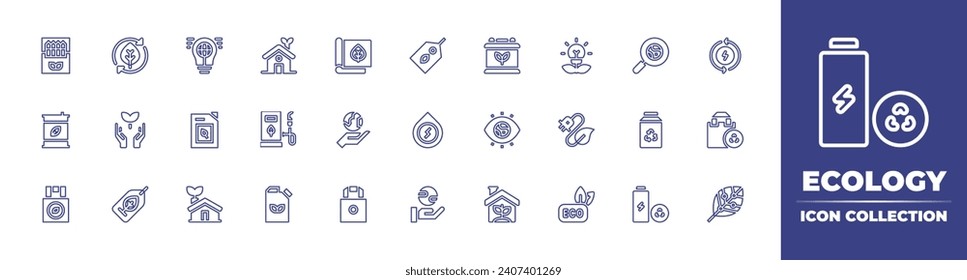 Ecology line icon collection. Editable stroke. Vector illustration. Containing bio energy, plug in, eco, social responsibility, recycled bag, eco packaging, fuel, bag, eco energy, house.