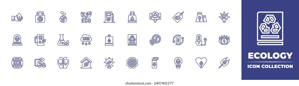 Ecology line icon collection. Editable stroke. Vector illustration. Containing eco, co emission, house, tag, recycled, bulb, ecology, fuel, bag, light, eco car, ecological.