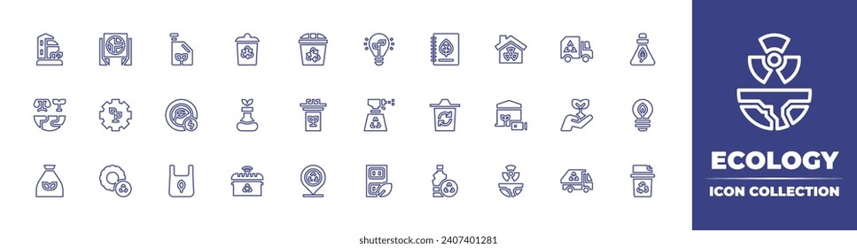 Ecology line icon collection. Editable stroke. Vector illustration. Containing biofuel, bio energy, plastic, green city, banner, world trade, organic, garbage bag, recycling, green energy, notebook.