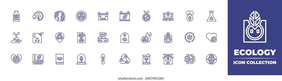 Colección de iconos de línea de ecología. Trazo editable. Ilustración vectorial. Conteniendo biocombustible, sustentable, bolsa de compra, planta, batería, auto eléctrico, etiqueta, hoja, reciclar, botella, matraz, amor, brote, corazón.